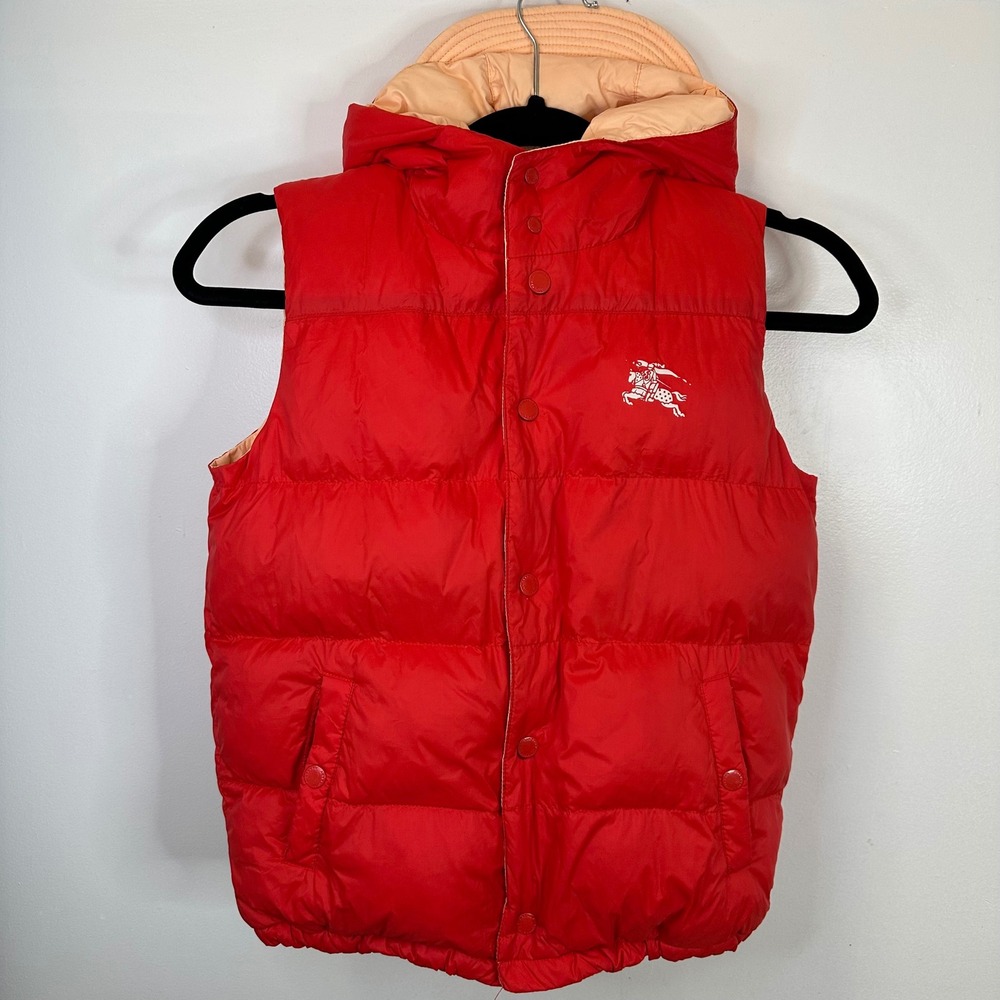 Burberry Childrens Reversible Puffer Vest Red Peach Hooded Logo Size 12Y‎ 140cm